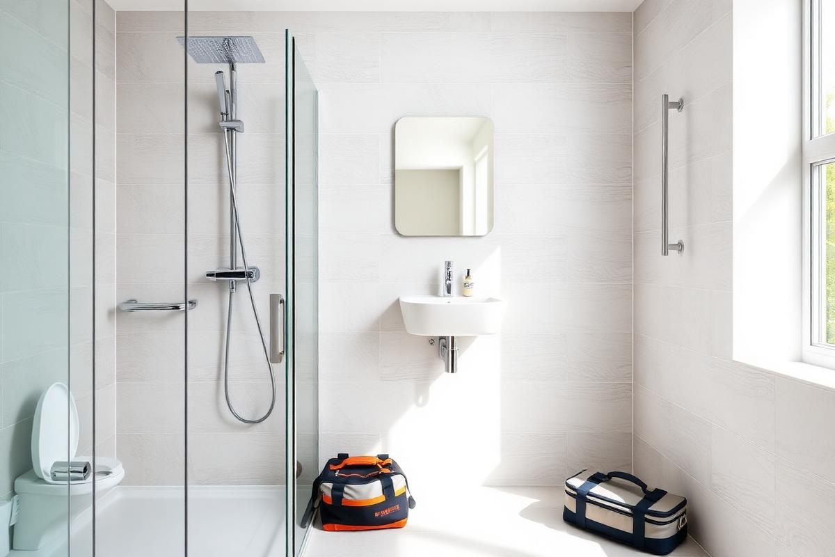 Newly installed modern bathroom with tiled walls and chrome fittings