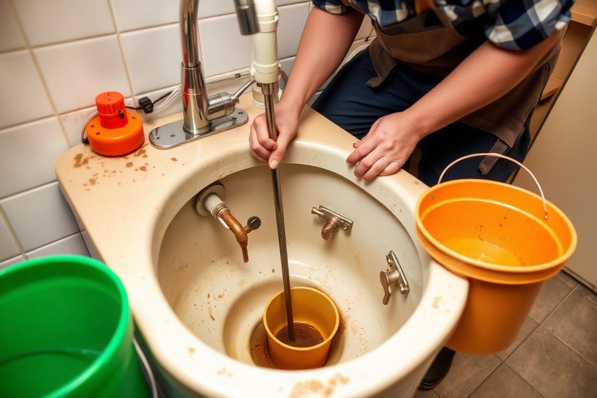 Plumber clearing a blocked waste trap under a kitchen sink