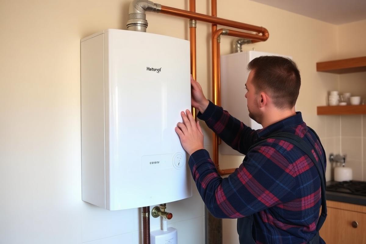 Heating engineer fitting a new combi boiler during a boiler installation in Glasgow