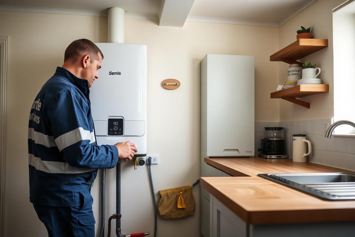 Gas Safe engineer fitting a new combi boiler during a boiler installation in Paisley
