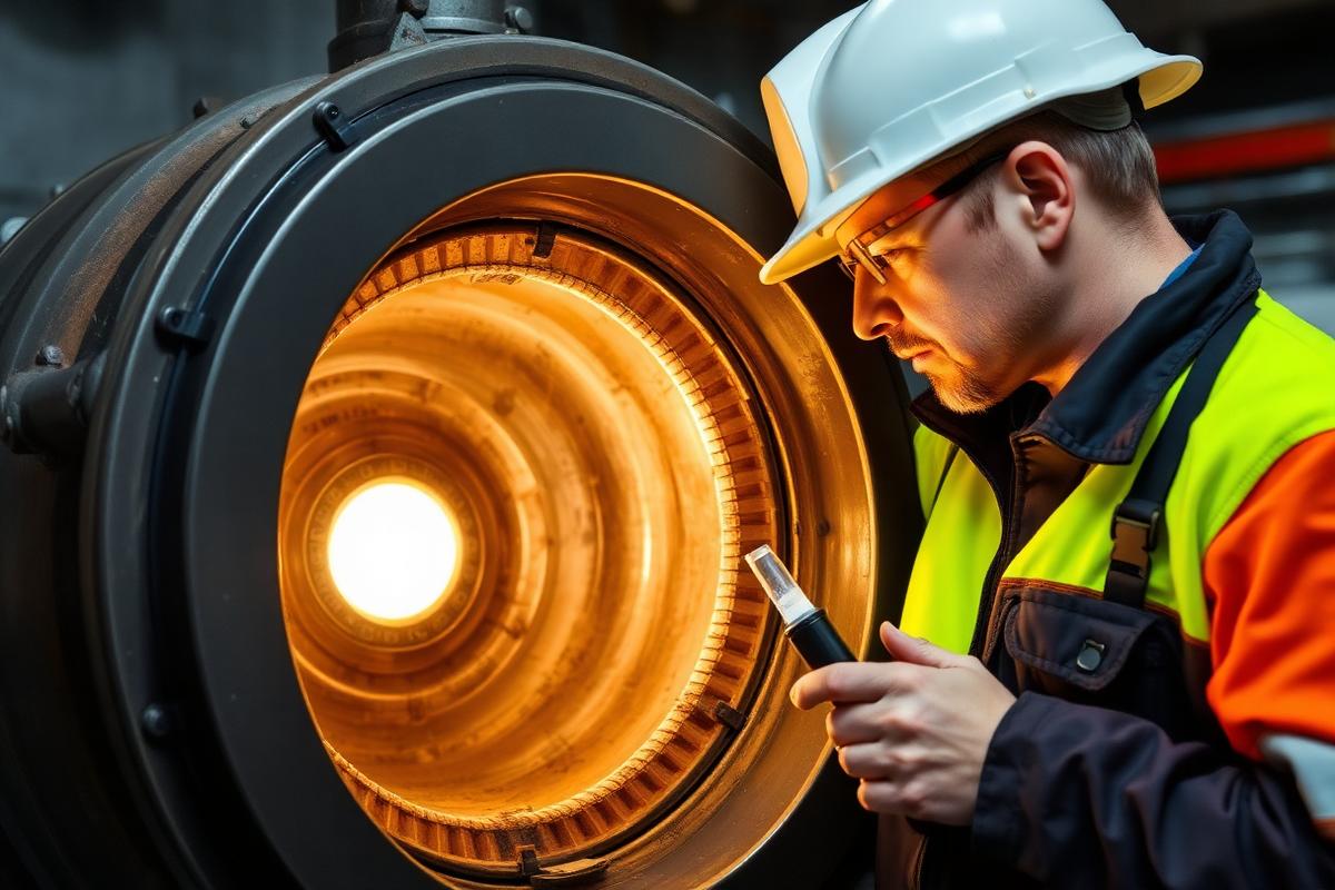 Engineer inspecting a boiler heat exchanger to diagnose kettling noise