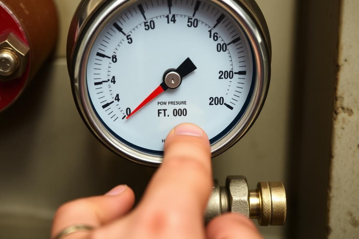 Close-up of a boiler pressure gauge showing low system pressure