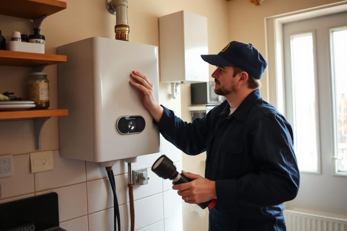 Gas Safe engineer repairing a combi boiler in a Glasgow kitchen