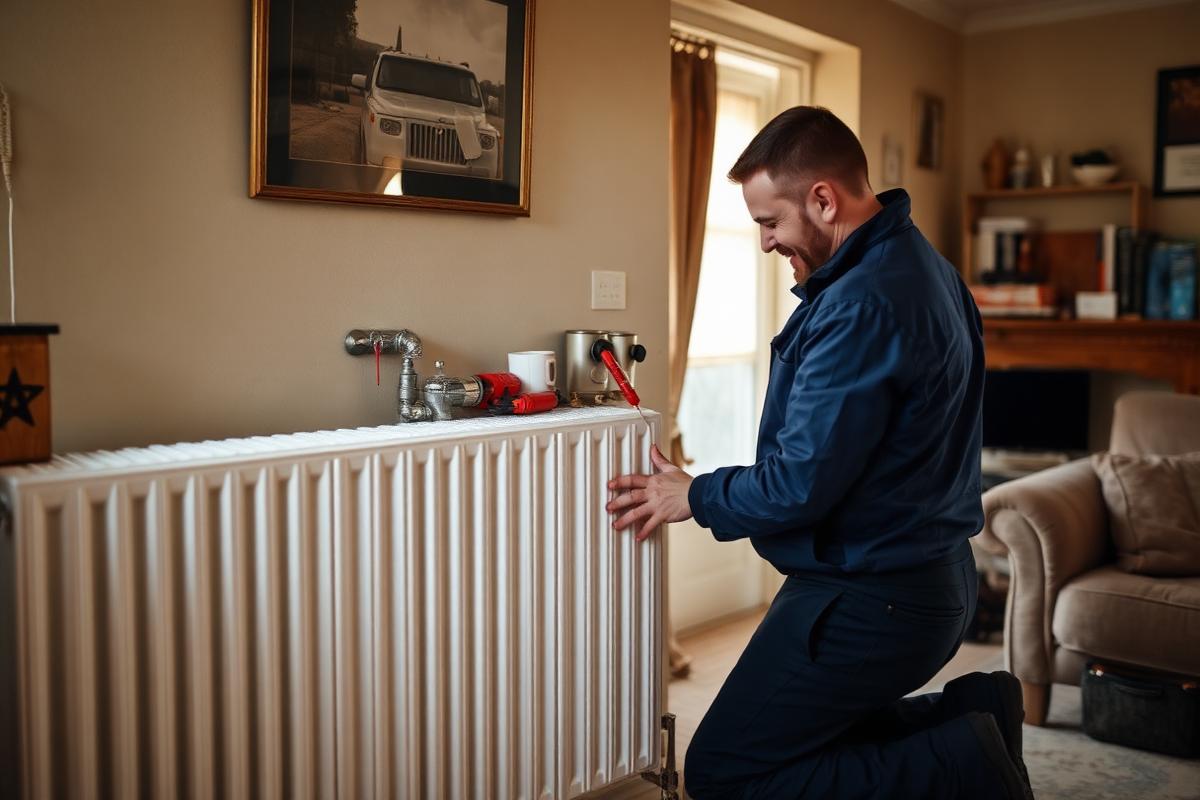 Engineer checking radiators and heating system during a boiler repair in Linwood