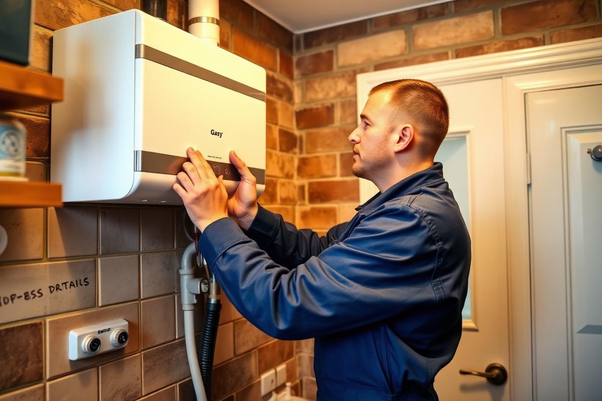Gas Safe engineer repairing a combi boiler in a Paisley kitchen