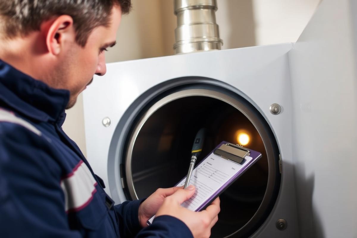 Engineer servicing a boiler and taking a flue gas analyser reading