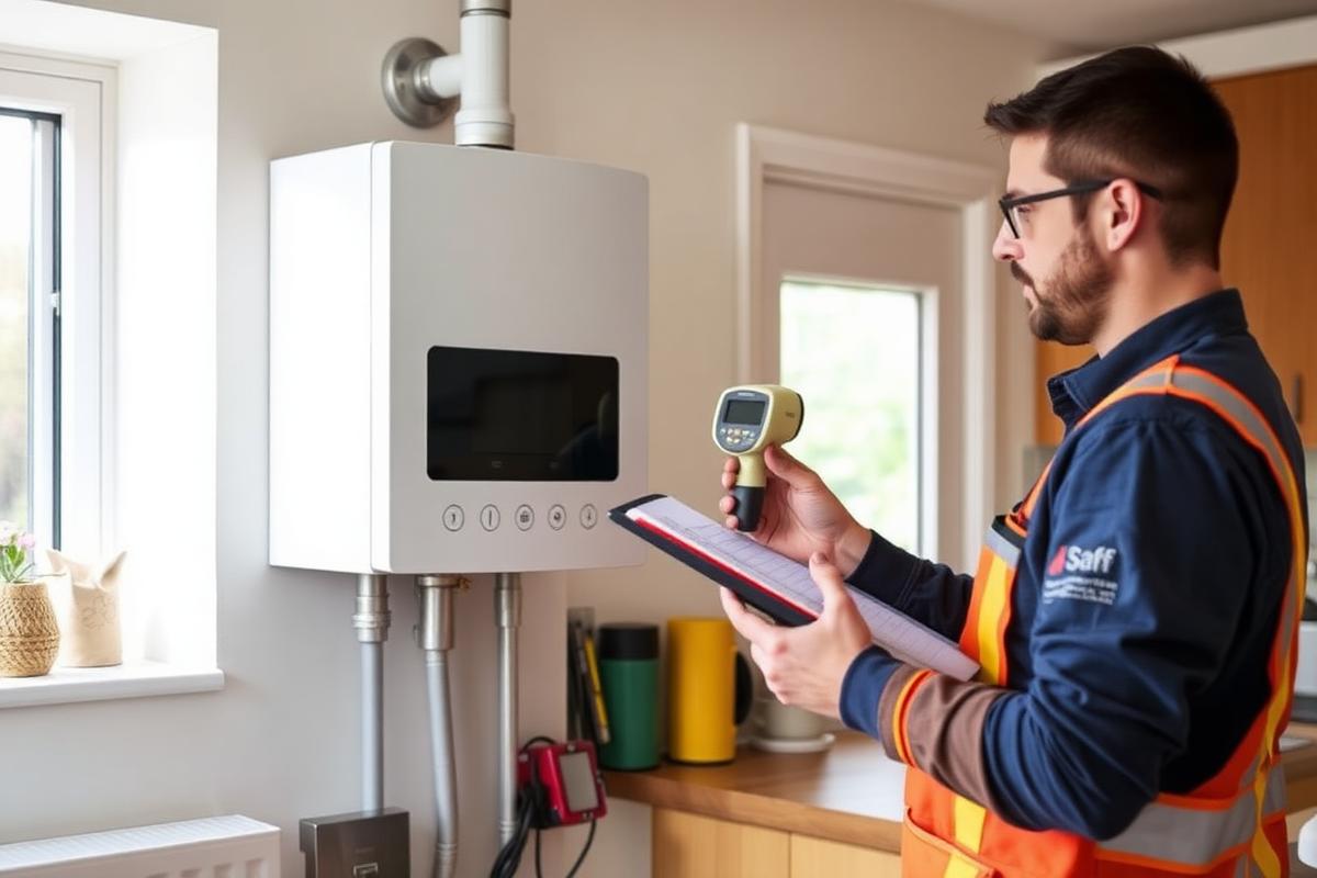 Engineer carrying out an annual boiler service with a flue gas analyser in Paisley