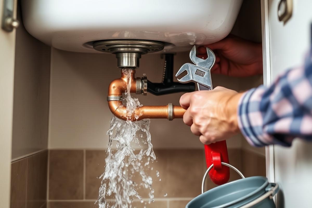Plumber repairing a burst copper pipe under a sink
