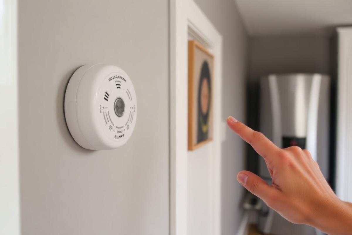 Carbon monoxide alarm mounted on a wall being tested by hand