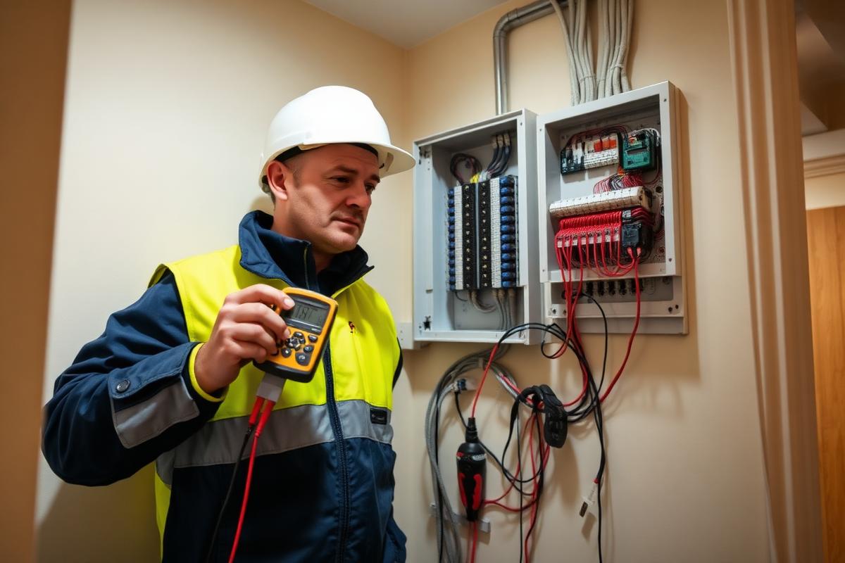 Electrician testing a consumer unit during an EICR inspection in Coatbridge