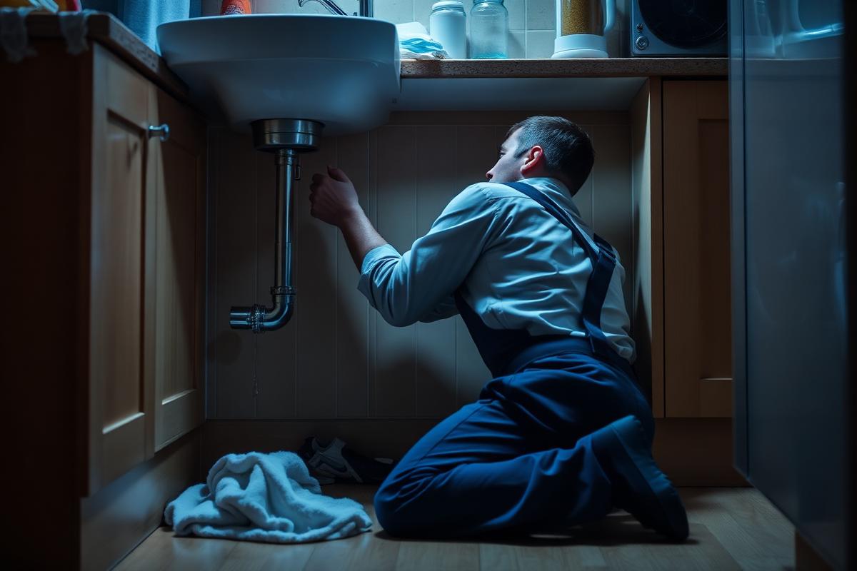 Emergency plumber repairing a burst pipe under a kitchen sink in Glasgow
