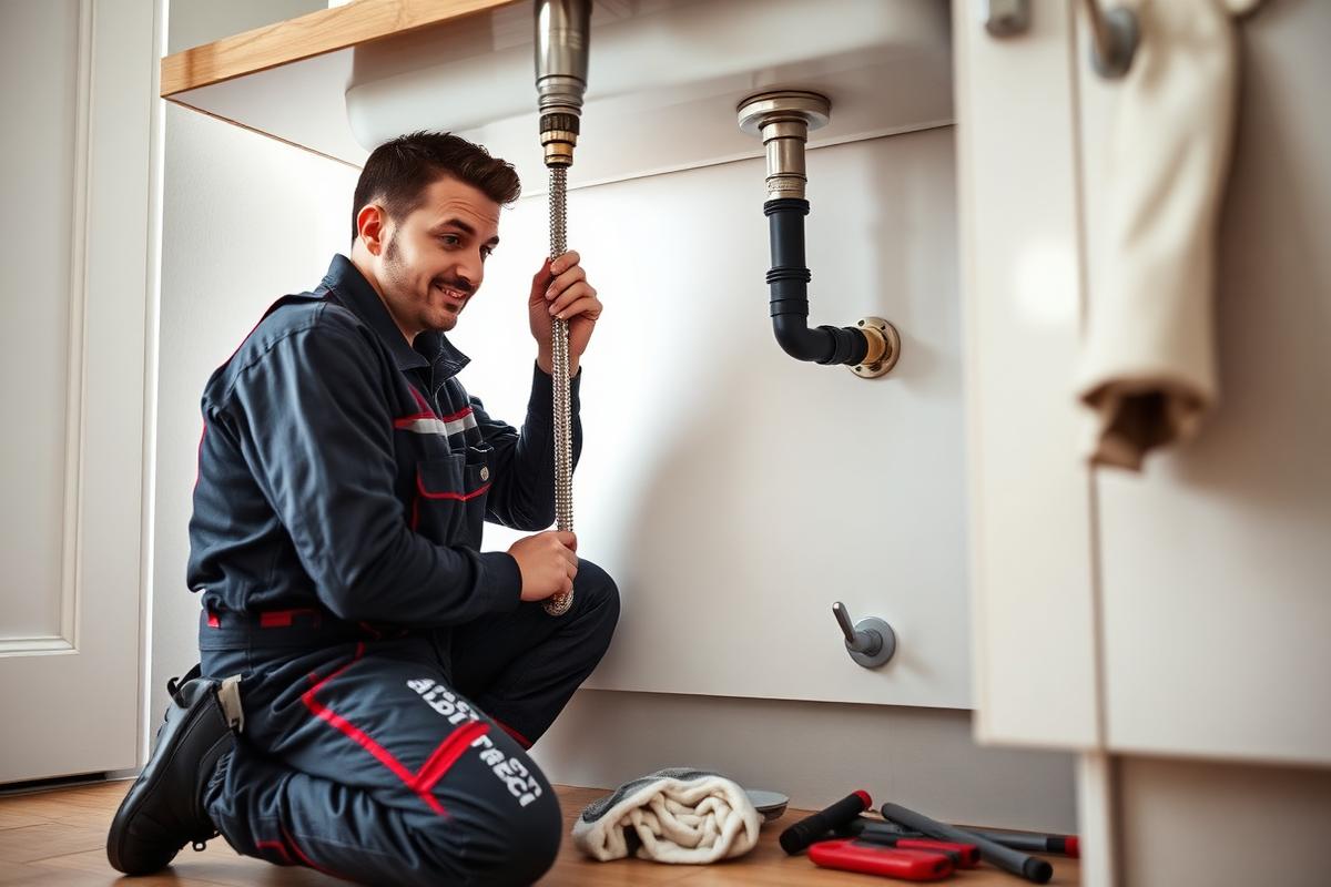 Emergency plumber stopping a burst pipe leak under a kitchen sink in Paisley