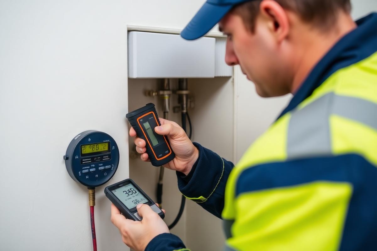 Gas Safe engineer carrying out a gas tightness test at a meter