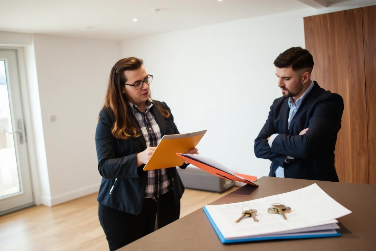 Letting agent and engineer reviewing property maintenance paperwork