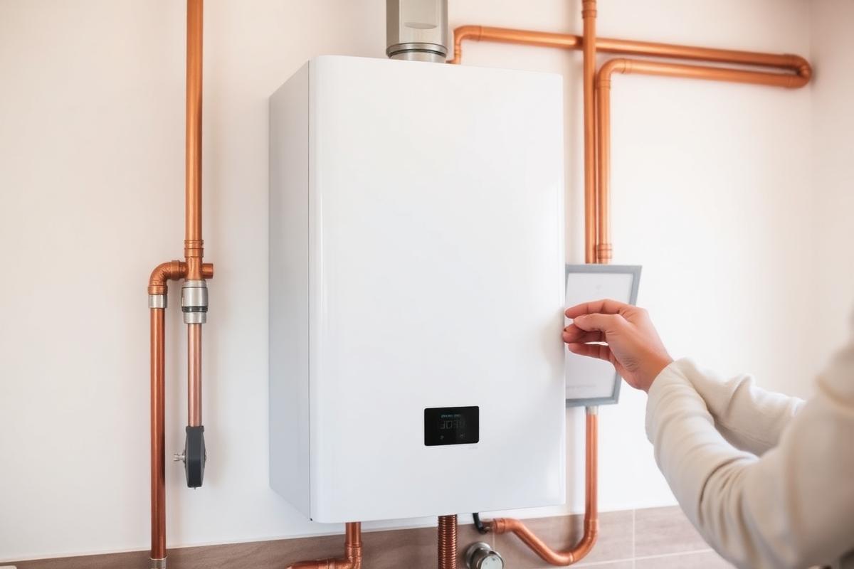 Newly installed white combi boiler with neat copper pipework