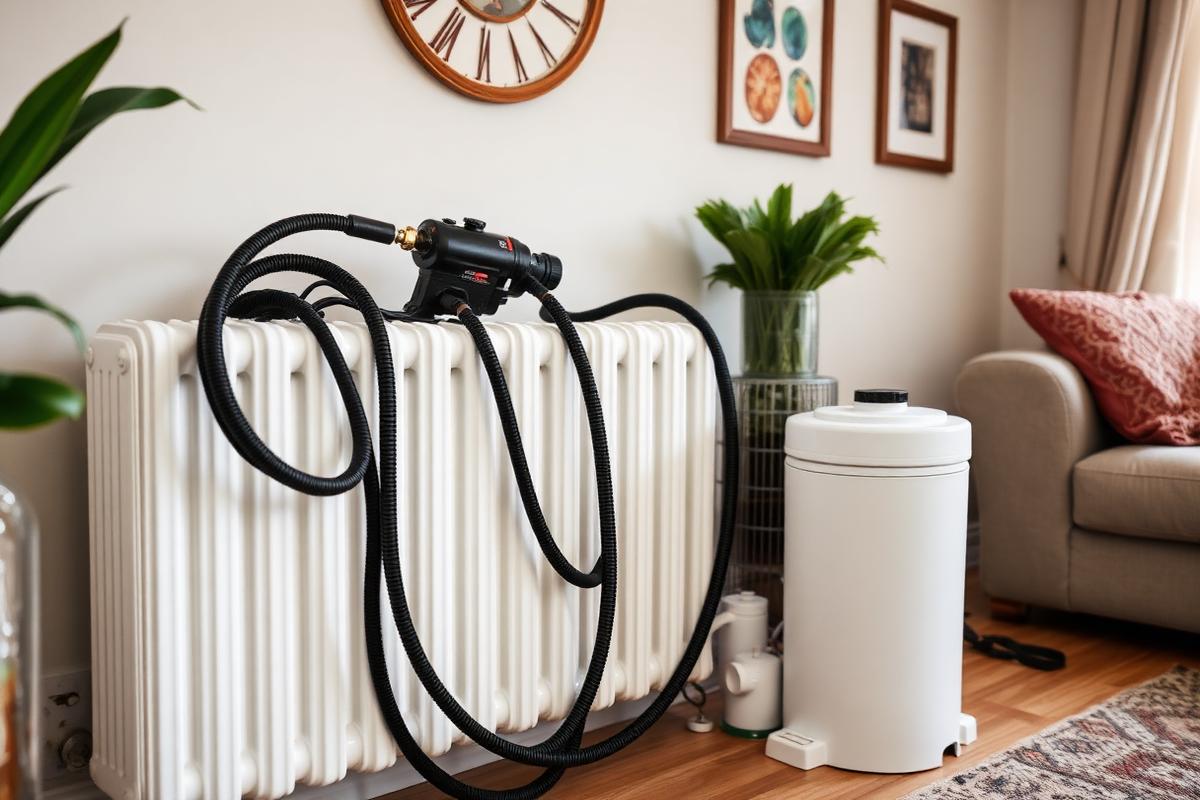Power flushing machine connected to a central heating system