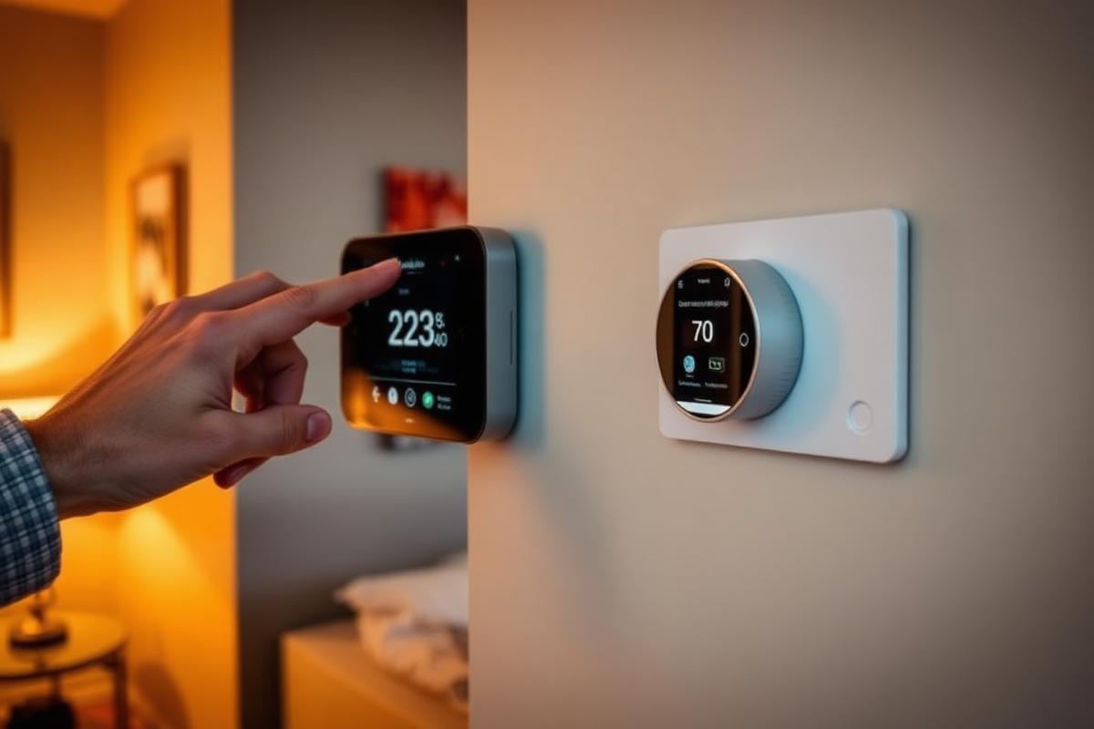 Smart heating thermostat mounted on a wall being adjusted