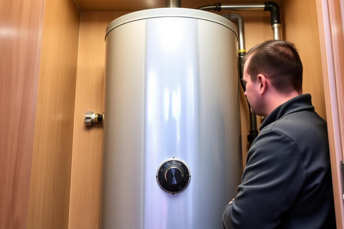 Unvented hot water cylinder installed in a utility cupboard